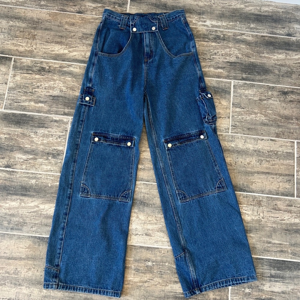 Liquid Lagoon Cargo Jeans Mens 30/32 Blue Wide Leg Utility Multi Pocket Y2K